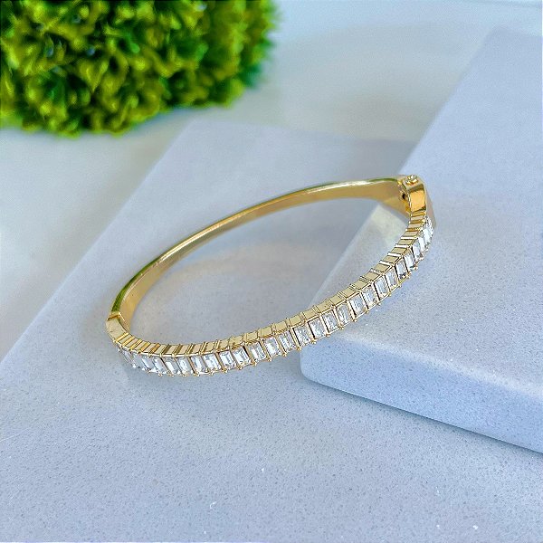 Bracelete Folheado Ouro 18k e Prata 925 Navetes Cravejados