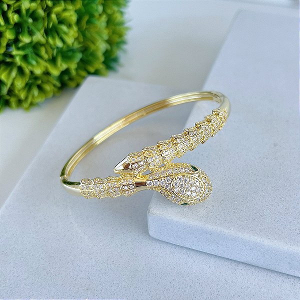 Bracelete Folheado Ouro 18k e Prata 925 Inspired Serpente Cravejado