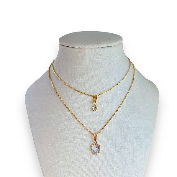 Colar Duplo Folheado Ouro 18k Ponto de Luz Coração