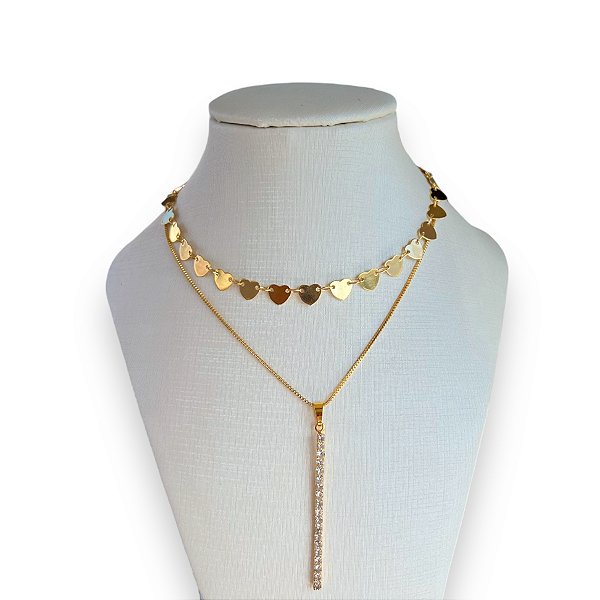 Colar Duplo Folheado Ouro 18k Corações Palito Strass