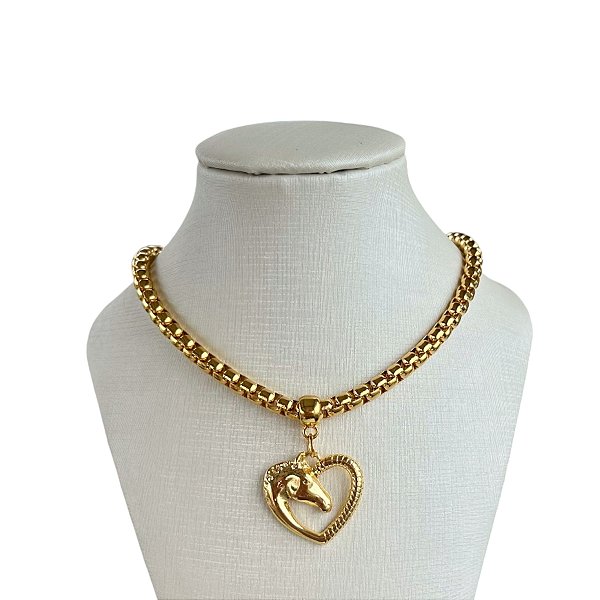 Colar Folheado Ouro 18k Correntaria Country Coração Cavalo