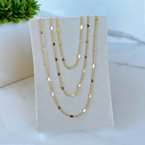 Colar Triplo Folheado Ouro 18k Corações