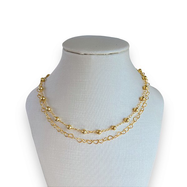 Choker Dupla Folheada Ouro 18k Bolinhas Corações