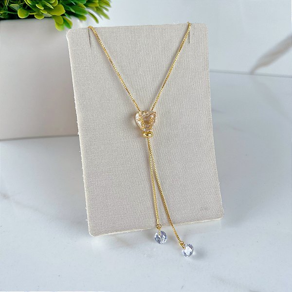 Colar Folheado Ouro 18k e Prata 925 Gravatinha Coração Cristal