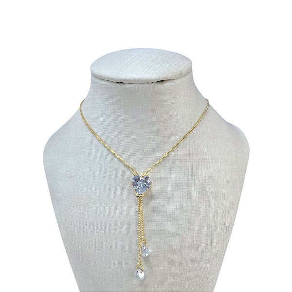 Colar Folheado Ouro 18k e Prata 925 Gravatinha Coração Cristal