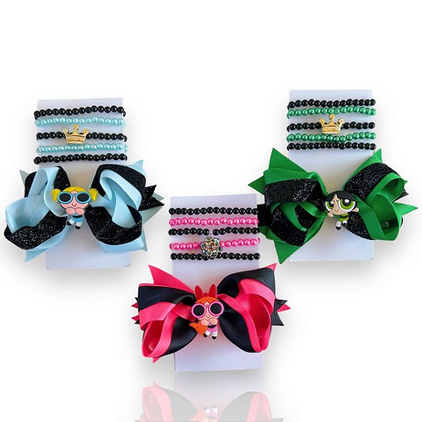Conjunto Infantil Laço e Kit Pulseiras Meninas Super Poderosas