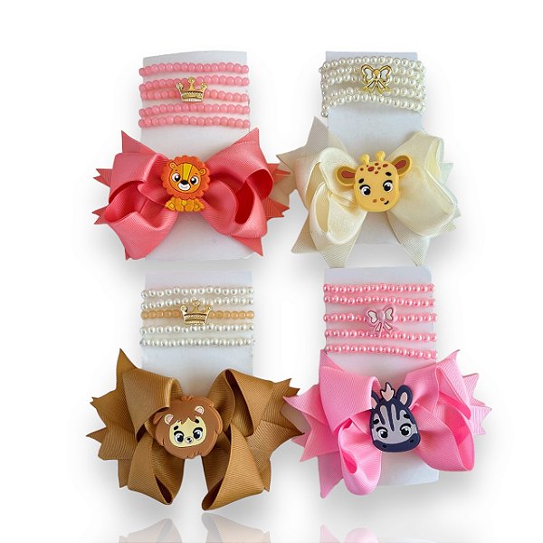 Conjunto Infantil Laço e Kit Pulseiras Mundo Animal