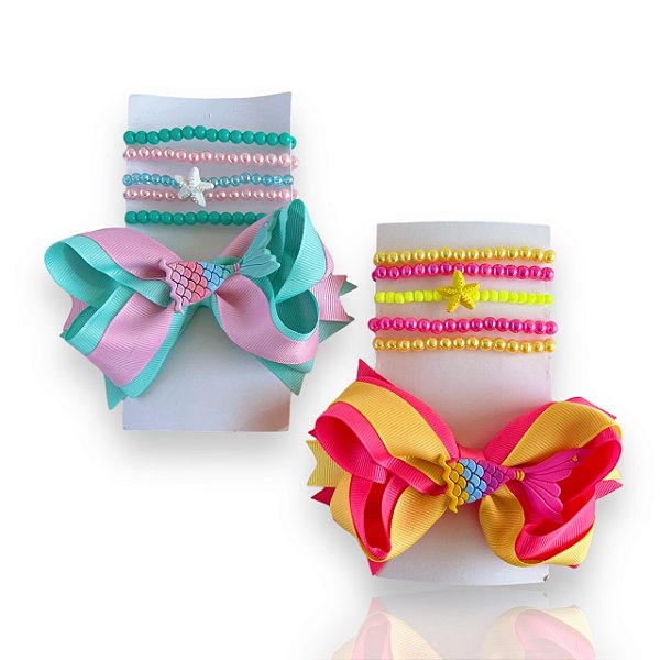 Conjunto Infantil Laço e Kit Pulseiras Calda de Sereia