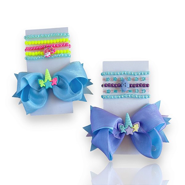 Conjunto Infantil Laço e Kit Pulseiras Unicórnio