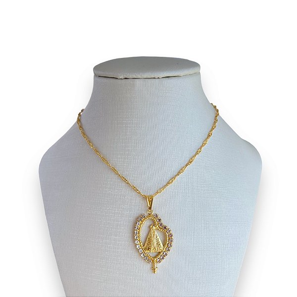 Colar Folheado Ouro 18k Nossa Senhora Strass