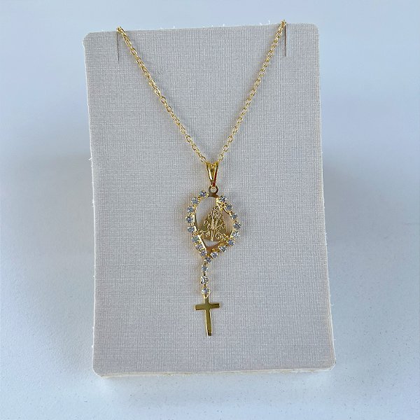 Colar Folheado Ouro 18k Nossa Senhora Strass