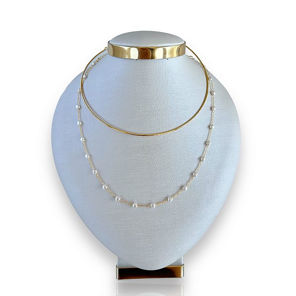 Choker Dupla Folheado Ouro 18k Aro Corações Pérolas