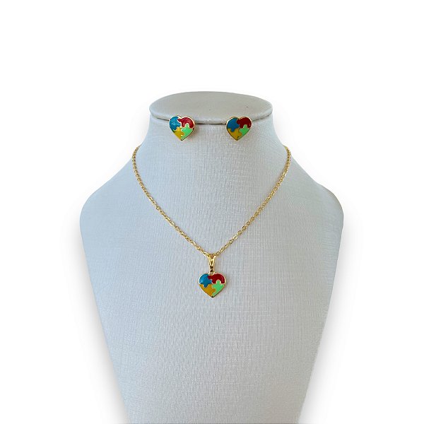 Conjunto Infantil Folheado Ouro 18k e Prata 925 Coração Autista