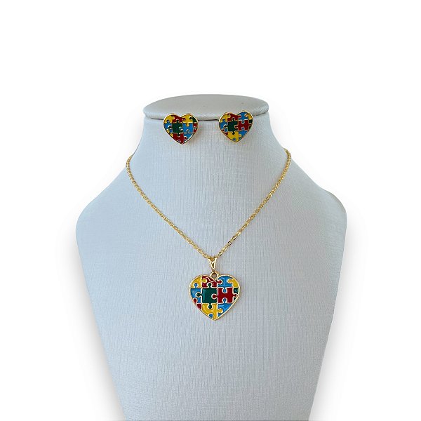 Conjunto Infantil Folheado Ouro 18k e Prata 925 Coração Autista