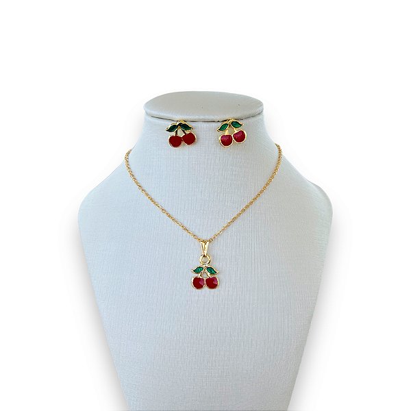 Conjunto Infantil Folheado Ouro 18k e Prata 925 Cereja
