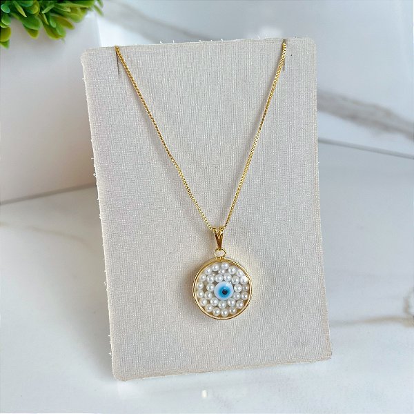 Colar Folheado Ouro 18k e Prata 925 Cápsula Olho Grego Pérolas