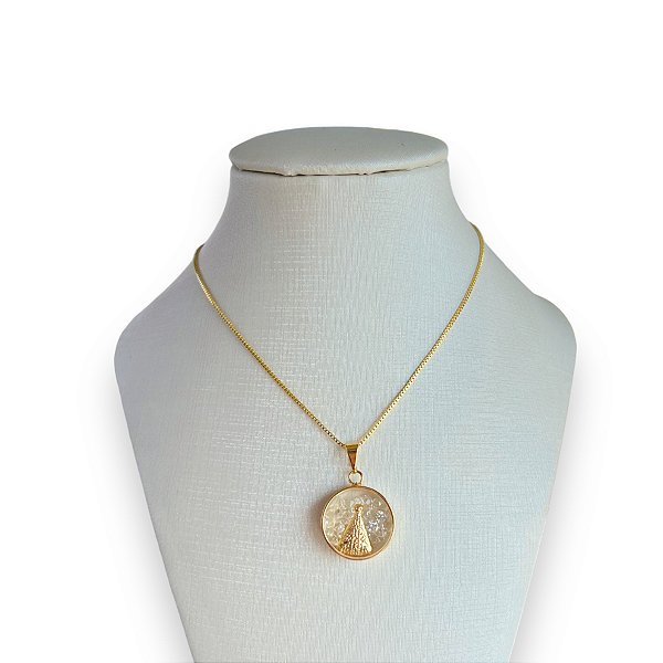 Colar Folheado Ouro 18k e Prata 925 Cápsula Nossa Senhora Cristais