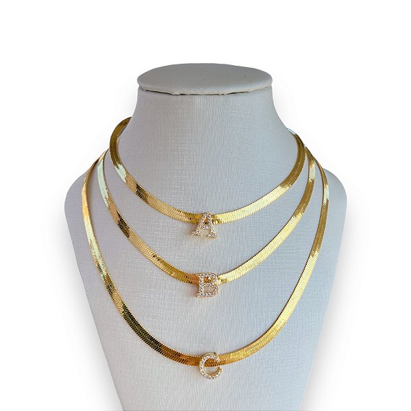 Choker Folheada Ouro 18k e Prata 925 Letra Inicial Cravejada Fita Laminada