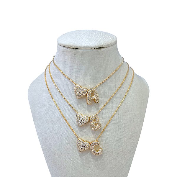 Colar Folheada Ouro 18k e Prata 925 Letra Inicial Coração Cravejado