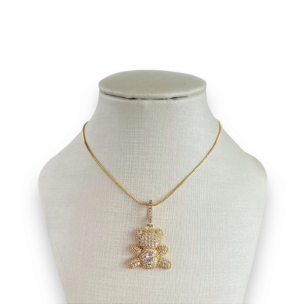 Colar Folheado Ouro 18k e Prata 925 Inspired Urso Cravejado