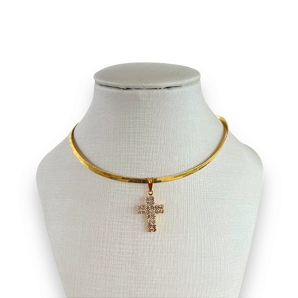 Choker Folheada Ouro 18k e Prata 925 Fita Laminada Cruz Strass
