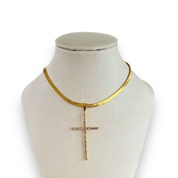 Choker Folheada Ouro 18k e Prata 925 Fita Laminada Cruz Strass