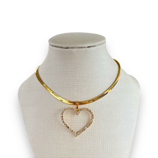 Choker Folheada Ouro 18k e Prata 925 Fita Laminada Coração Strass