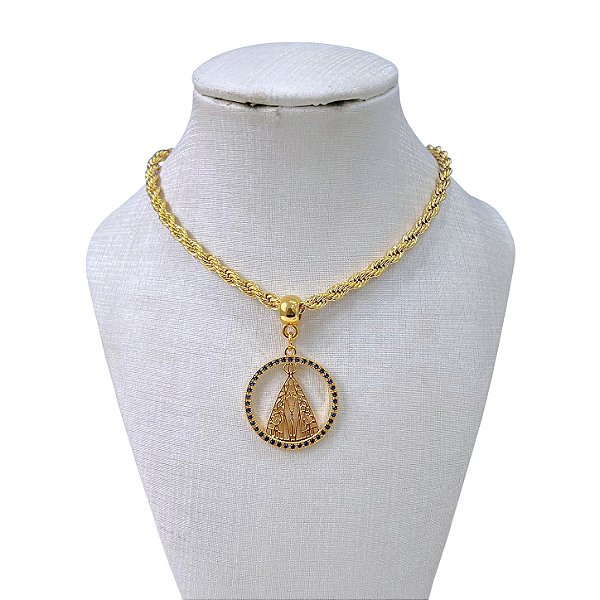 Colar Folheado Ouro 18k Cordão Baiano Nossa Senhora Cravejada