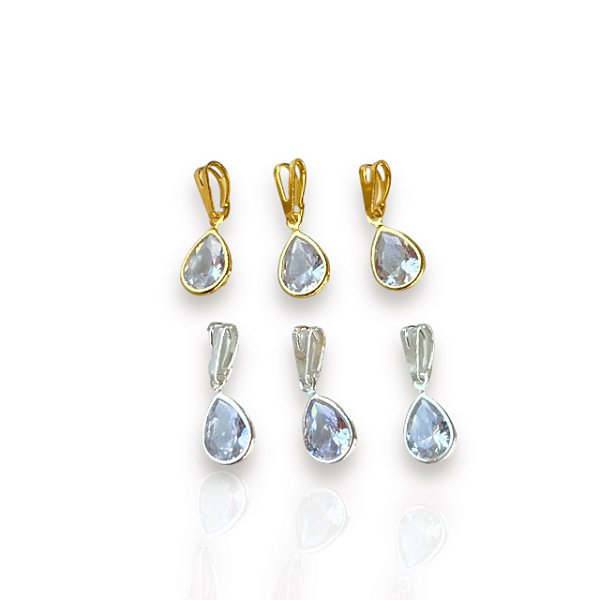 Pingente Folheado Ouro 18k e Prata 925 Gotas Penduricalho Cristal