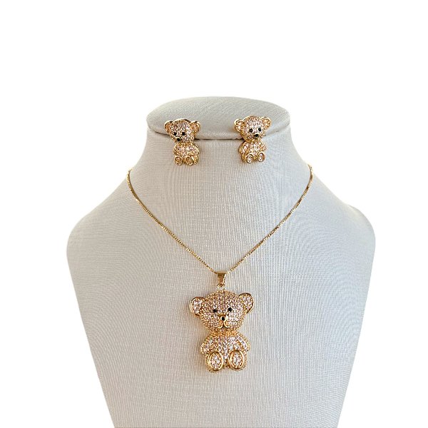 Conjunto Folheado Ouro 18k e Prata 925 Inspired Urso Cravejado