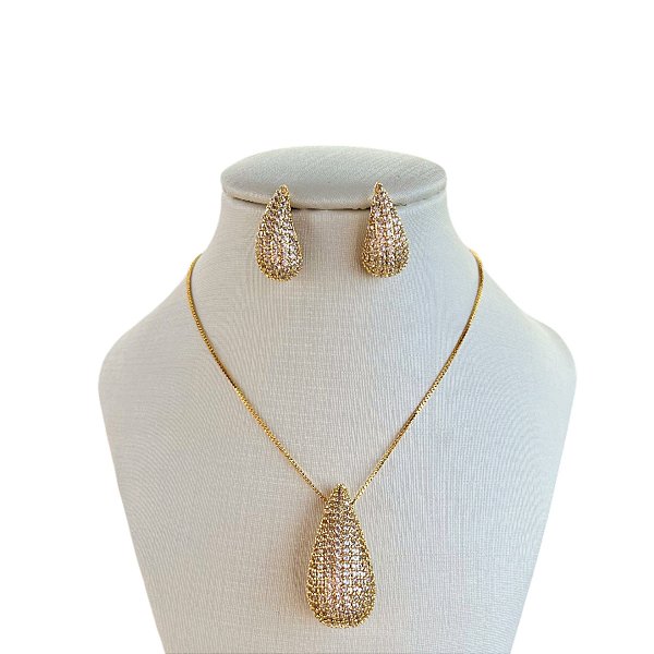 Conjunto Folheado Ouro 18k e Prata 925 Gota Cravejada