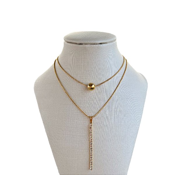 Colar Duplo Folheado Ouro 18k e Prata 925 Palito Strass