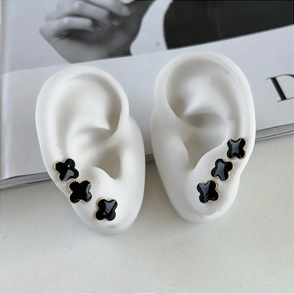 Trio Brincos Folheado Ouro 18k Trevo