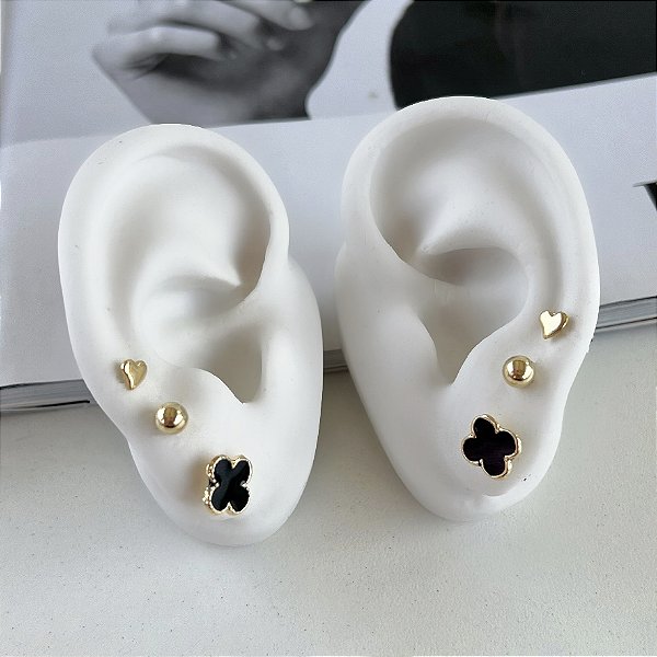 Trio Brincos Folheado Ouro 18k Trevo