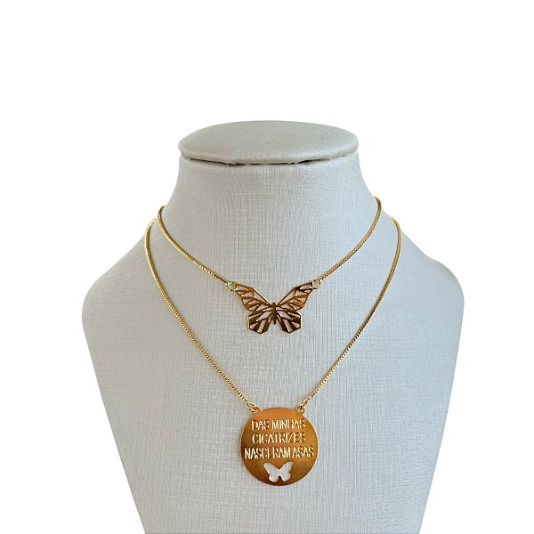 Colar Escapulário Folheado Ouro 18k e Prata 925 Borboleta Das Minhas Cicatrizes Nasceram Asas