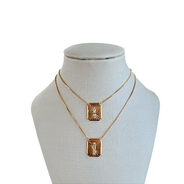 Colar Escapulário Folheado Ouro 18k e Prata 925 Jesus e Espírito Santo