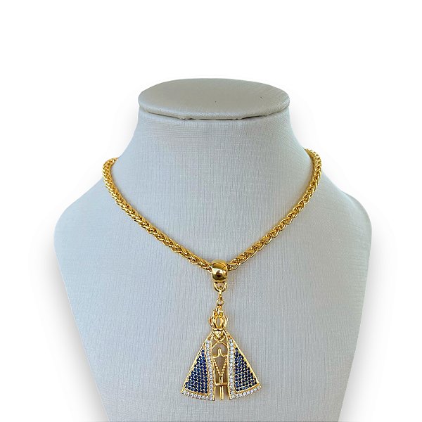 Colar Folheado Ouro 18k e Prata 925 Correntaria Nossa Senhora Cravejada