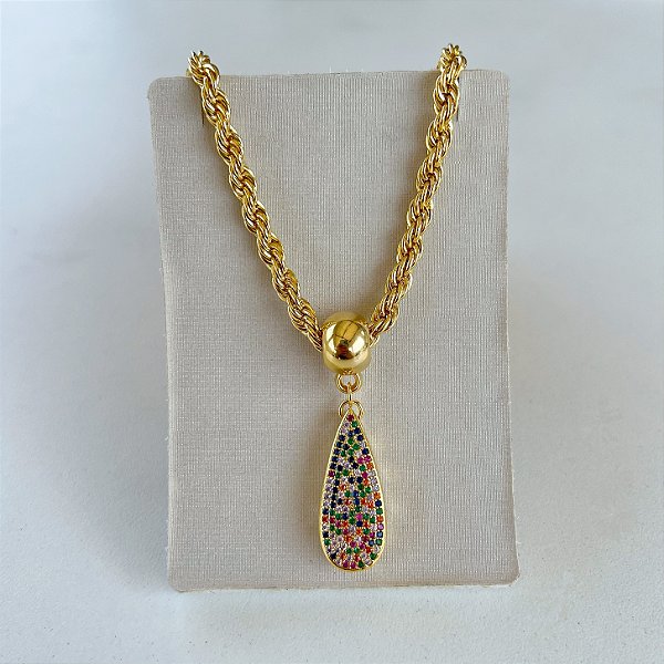 Colar Folheado Ouro 18k Cordão Baiano Grosso Gota Cravejada Color