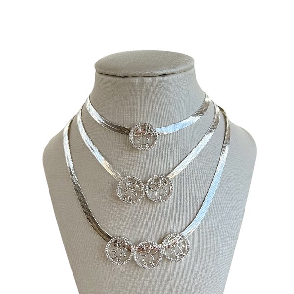 Choker Folheada Prata 925 Fita Laminada Filhos Mandala Cravejados