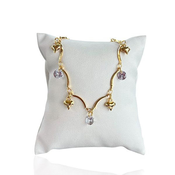 Pulseira Folheada Ouro 18k Corações Cristais