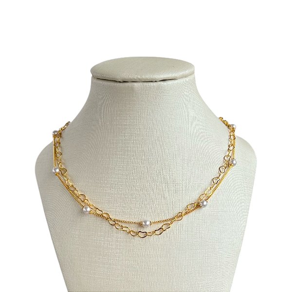 Choker Dupla Folheada Ouro 18k Elos Corações Pérolas