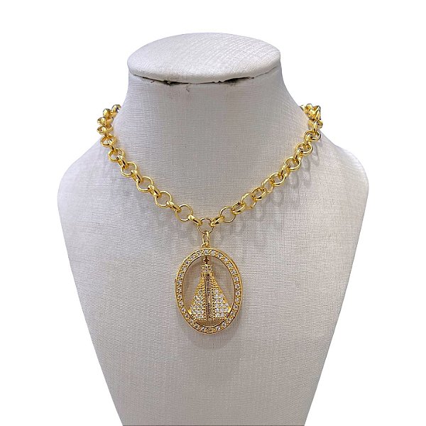Colar Folheado Ouro 18k Correntaria Elos Nossa Senhora Cravejada