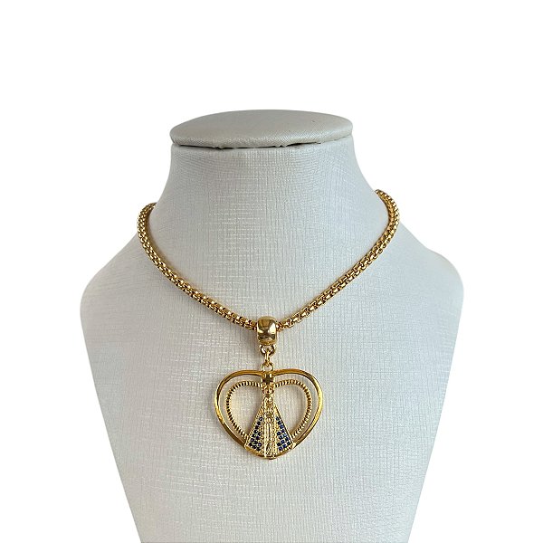 Colar Folheado Ouro 18k Correntaria Coração Nossa Senhora Cravejada