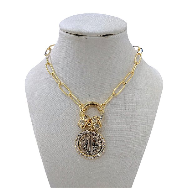 Colar Folheado Ouro 18k Correntaria São Bento Strass