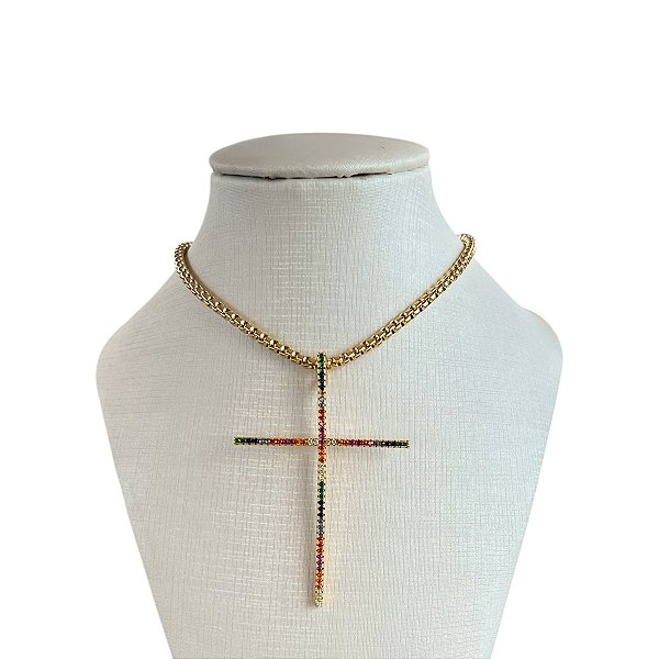 Colar Folheado Ouro 18k Correntaria Cruz Cravejada Colors