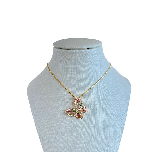 Colar Folheado Ouro 18k e Prata 925 Borboleta Cravejada
