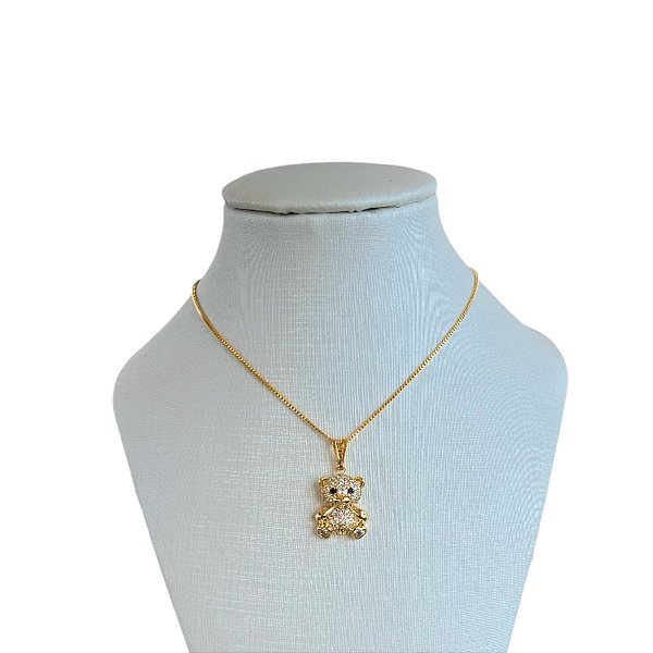Colar Folheado Ouro 18k Urso Cravejado