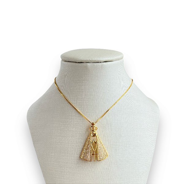 Colar Folheado Ouro 18k e Prata 925 Nossa Senhora Cravejada