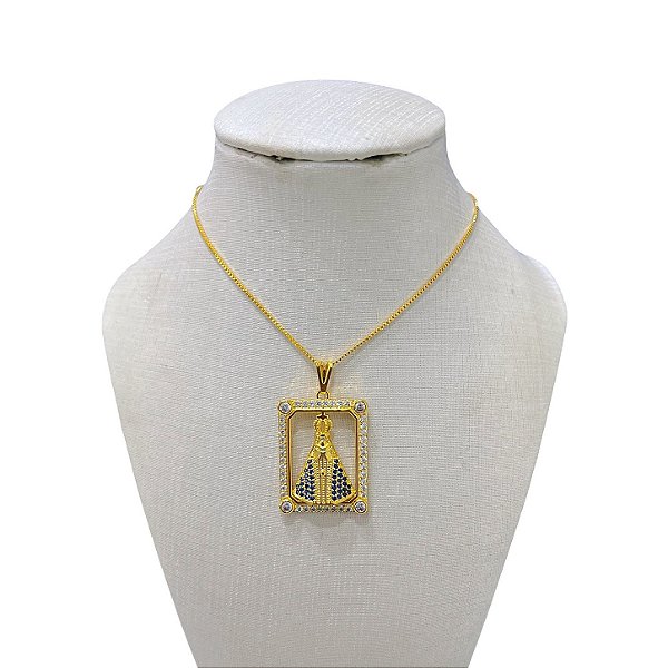 Colar Folheado Ouro 18k e Prata 925 Nossa Senhora Cravejada