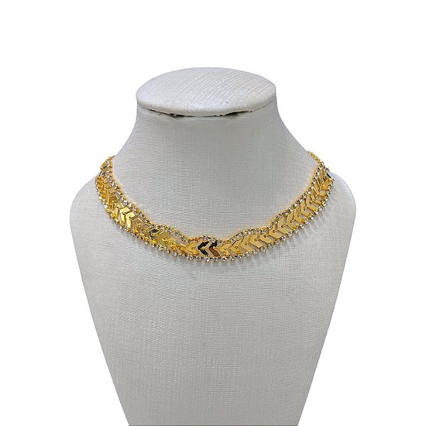 Choker Folheada Ouro 18k Escamas Strass